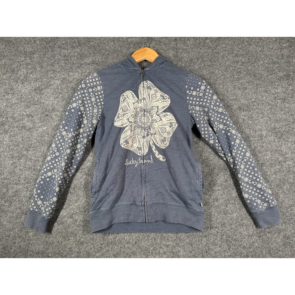 Lucky Brand Jacket Girls Large 14/16 Blue Clover Floral Faux Fur Hooded Full Zip